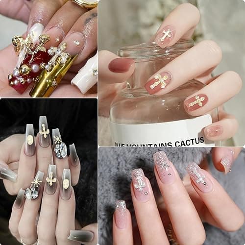 30 Pcs Kreuz Nagel Charms für Nagelkunst, 3D Metall Kristall Kreuz Nagel Dekorationen, Legierung Nagel Nieten und Strasssteine für Frauen Mädchen DIY Schmuck Handwerk Zubehör (C-Silber) thumbnail 4