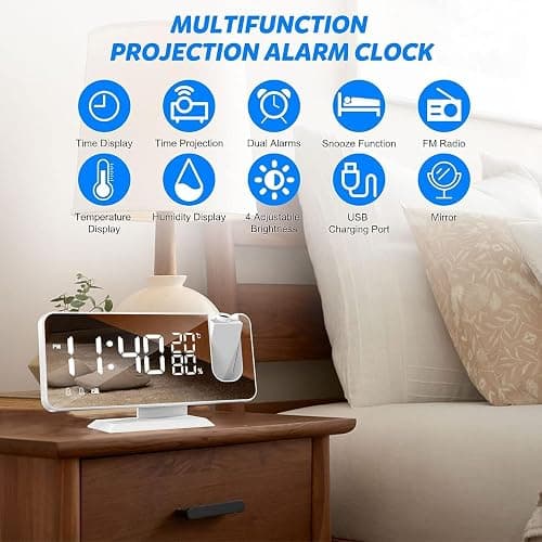 Projection Alarm Clock, Beedove Digital Clock with 180° Rotatable Projector, USB Charger Port, Dimmer, LED Large Mirror Display, Timer, Snooze, 12/24H, Digital Alarm Clock for Bedroom (White) thumbnail 2
