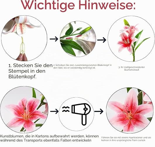 HNVNER 6 Bündel Kunstblumen Lilien, 3D-künstliche Lilien Blumen Rosa | 12 Blüten & 6 Knospen, rahtstiele biegbar, pollenfrei wasserdicht pflegeleicht lilien künstlich,für Hochzeit Home & Büro Deko thumbnail 9
