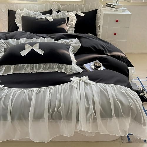 SOUKECHY Girls Lace Bedding,Queen Comforter Cover Set, Chic Ruffled Duvet Cover with Lovely Bow,Princess Style 1 Duvet Cover with 1 Pillowcases, No Comforter-Black,Twin Size thumbnail 9