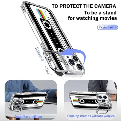Ecute Strong Magnetic Slim Drop Protective Case (Compatible with MagSafe) with Camera Ring Kickstand for iPhone 17 and iPhone 16 Pro- Retro Cassette Tape thumbnail 4
