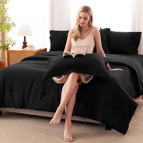 CozyLux Full Comforter Set Black, 7 Pieces Bed in a Bag Soft Bedding Comforter Set with Sheets, All Season Boho 7PC Bed Sets with Comforter, Fitted Sheets, Flat Sheets, Pillow Shams and Pillowcases thumbnail 9