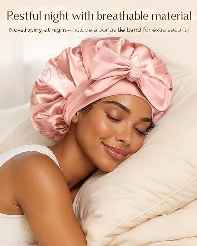 YANIBEST Adjustable Satin Bonnet for Sleeping, Double Layer Silk Bonnet with Tie Band for Women, Sleep Cap Curly Natural Hair, Pink thumbnail 3
