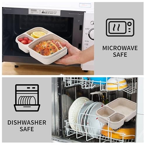 buluker 4 Pack Bento Lunch Box Set 3 Compartment Food Storage Containers Wheat Straw Meal Prep Lunch Box Plastic Food Storage Containers, Microwave and Dishwasher Safe (light colour) thumbnail 6