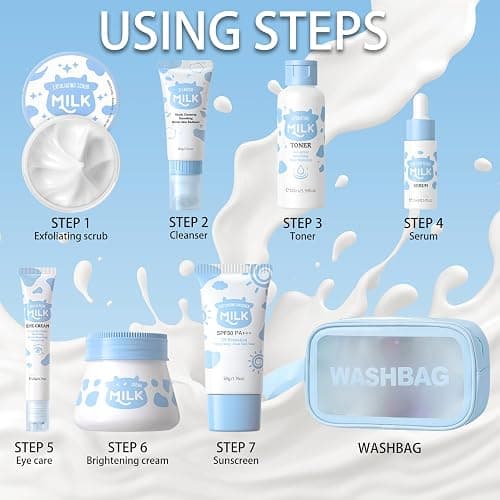 Milk Skincare Set Girls Gifts - 8Pcs Milk Skin Care Sets & Kits for Teens - Skin Care Kit for Women Kids Teenage Girls with Cleanser, Toner, Eye Cream, Serum, Sunscreen, Face Cream, Scrub, Bag thumbnail 3