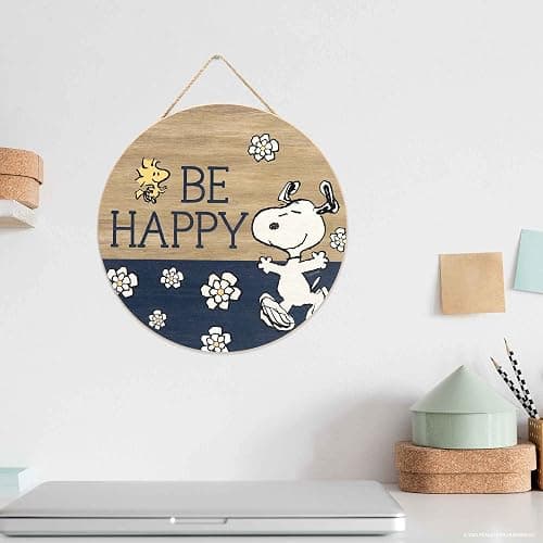 Peanuts Snoopy Be Happy Round Hanging Wood Wall Decor - Fun Snoopy Sign for Home Decorating - Great Gift Idea thumbnail 2