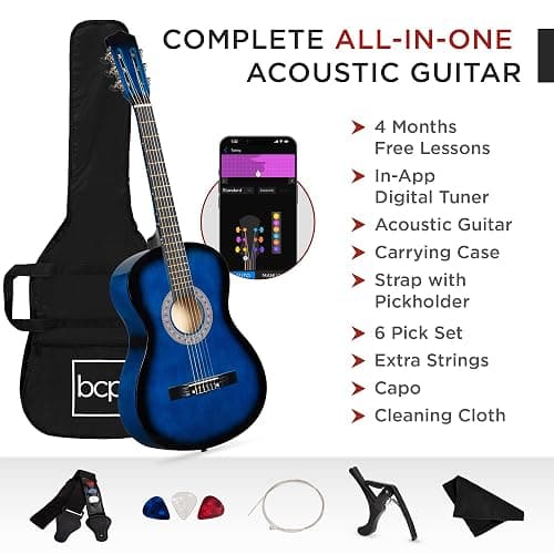 Best Choice Products 38in Beginner All Wood Acoustic Guitar Starter Kit w/Gig Bag, 6 Picks, Nylon Strings, Strap w/Pick Holder - Blue thumbnail 4