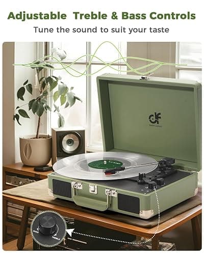 Vinyl Record Player 3 Speed Portable Suitcase Record Player with Treble & Bass Control, Built-in Speakers, 3.5mm Headphone Jack, RCA-Out/Aux in, Vintage Belt-Driven Turntable, Sage Green thumbnail 4