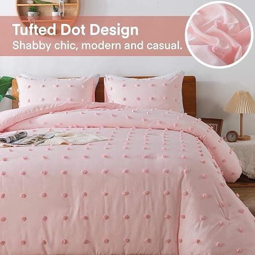 Paxrac Tufted Pink Full Comforter Set (80x90 inches), 3 Pieces- Soft Cotton Blush Lightweight Comforter with 2 Pillowcases, Chenille Dots All Season Down Alternative Comforter Set for Bedding - Pink - Full(80''x90'') thumbnail 2