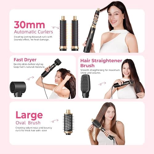 Atopskins 5 in 1 Blow Dryer Brush Set, 1000W Professional Hot Air Styler, Ionic Hair Dryer Brush, 3 Heat Settings, Auto Curling, Fast Drying, Ideal Hair Styling Tools Gift for Women (Black Gold) thumbnail 3