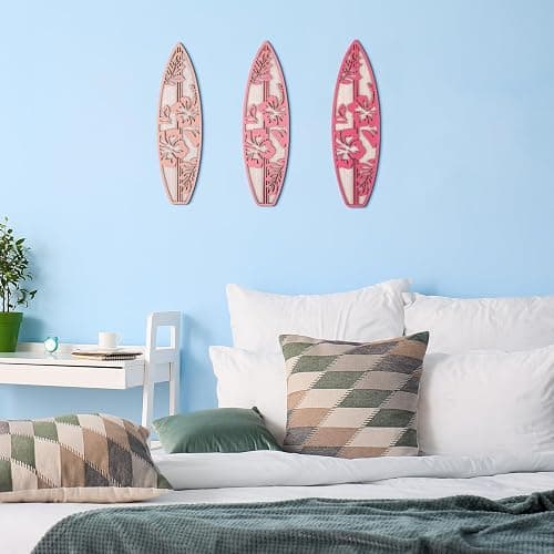 RattanView 3 Pieces Hibiscus Surfboard Decor for Bedroom Wooden Beach Wall Decor Summer Wood Surfboard Wall Hanging Sign for Tropical Living Room Decoration(Pink) thumbnail 5