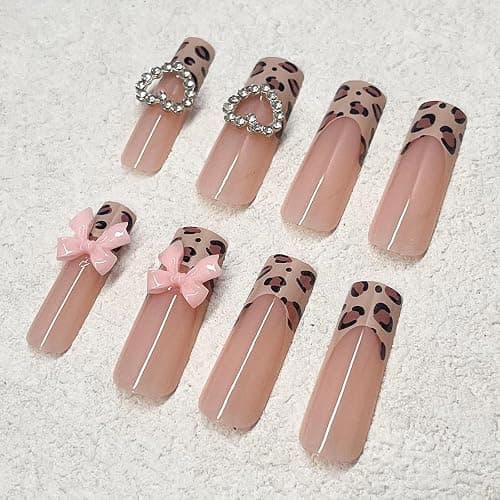 Long Square Press on Nails French Leopard Print Stick on Nails with 3D Bow Love Design Glue on Nails Cute Nude Fake Nails Rhinestone False Nails Glossy Acrylic Nails Full Cover Nails for Women 24Pcs thumbnail 5