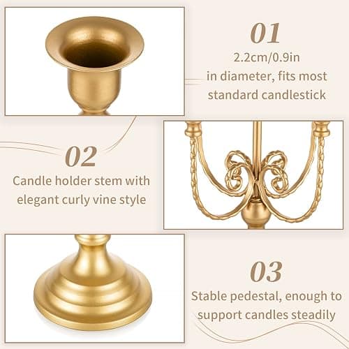Sziqiqi Gold Candelabra Candle Holders for Wedding Christmas, 5 Arms | 11.6in Tall, Easy Assembly, Vintage Metal Candlestick Holder for Wedding Table Centerpiece, Party Dining Table, Mantel Decor thumbnail 5