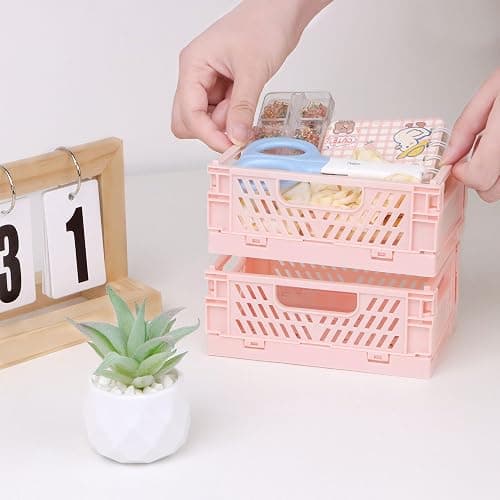 4-Pack Pink Baskets Plastic Storage Crate Small Baskets for Organizing Collapsible Storage Crates for Desk Organizers,Stackable Cute Storage Bins for Classroom,Office,Bathroom 5.9"x 3.9" x 2.3" thumbnail 7
