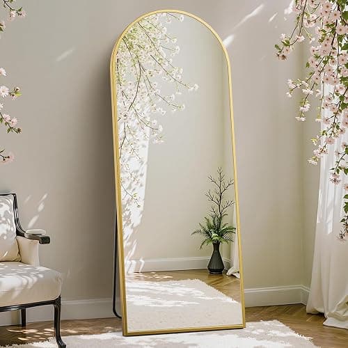 DUMOS Arched Full Length Mirror with Stand 64"x21" Floor Standing Aluminum Frame for Bedroom Body Hanging Leaning Modern Simple Home Decor Shatter-proorf Nano Glass Wall Living Room Cloakroom Gold - Gold-arched - 64"L x 21"W - Image 1