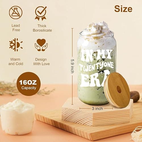 NOOMII 21st Birthday Gifts for Girls – Cute 16Oz Glass Cups with Lids and Straws, Aesthetic Tumblers for Teens, Friend Bestie-21st Birthday Gift for Her thumbnail 3