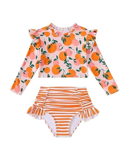 Mioglrie Toddler Girls Swimsuit Little Girls Long Sleeve Two Piece Ruffle Rash Guard Bathing Suit Kid Swimwear 2-6 Years - Image 1