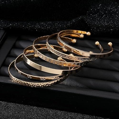 KISS WIFE Golden Bangles for Women, Adjustable Bangle Bracelets, Multi Layer Open Stackable Cuff Bracelet Set, Fashion Accessories Jewelry Gifts for Women thumbnail 5