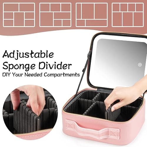 Extrei Gent Makeup Travel Train Case with Mirror LED Light 3 Adjustable Brightness Large Cosmetic Bag Portable Storage Adjustable Partition Waterproof Makeup Brushes Make up Jewelry Gift for Women thumbnail 3