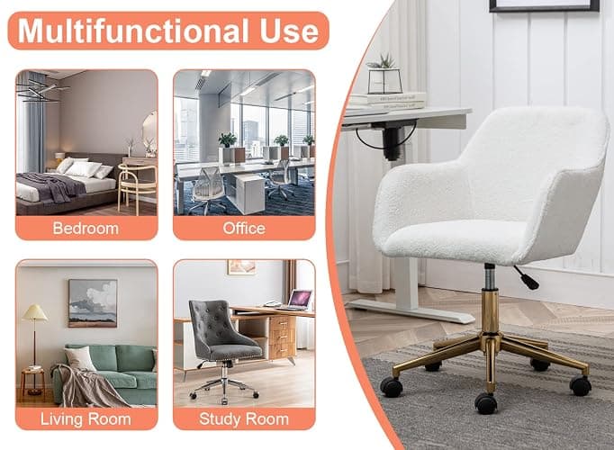Yoluckea Furry Height Adjustable Vanity Chair, Computer Cute Office Desk Chairs, Faux Swivel Chair White Faux Four Pads thumbnail 8