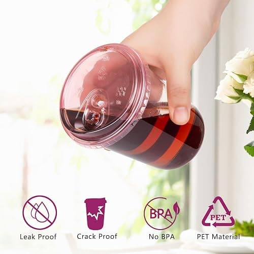 100 Sets 16oz Disposable Stemless Plastic Cups with Strawless Sip Lids, Clear PET Coffee Cups for Iced Coffee, Smoothies, Cold Drinks, Halloween, Christmas, Party and Drink Shop Supplies (Pink (16oz)) thumbnail 4