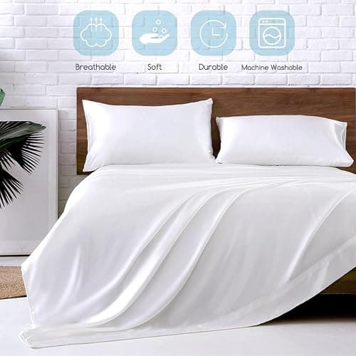 MR&HM Satin Bed Sheets, Full Size Sheets Set, 4 Pcs Silky Bedding Set with 15 Inches Deep Pocket for Mattress (Full, White) thumbnail 6