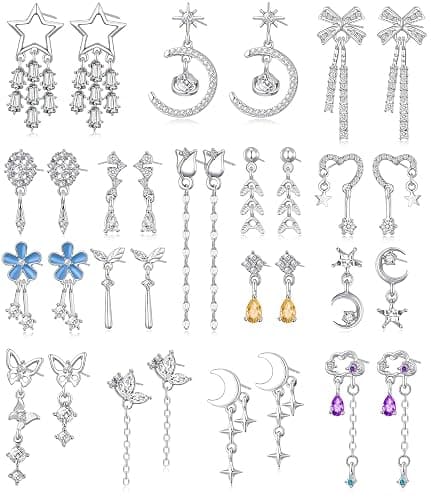 16 Pairs Silver Dangle Earrings For Women,Trendy Diamond Stud Earrings For Women, Hypoallergenic Earrings Dangling for Teen Girls - Image 1