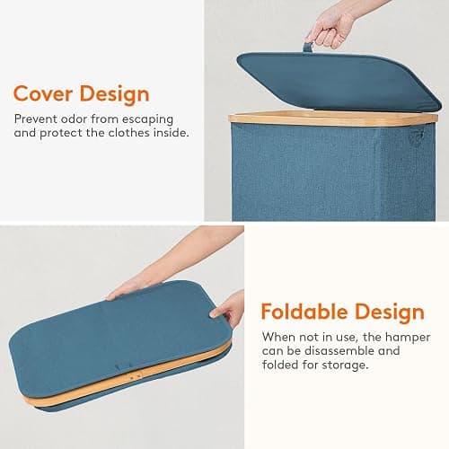 Lifewit 100L Laundry Basket with Lid, Clothes Hampers for Laundry with Bamboo Handles and A Removable Bag, Large Foldable Laundry Hamper for Bedroom, Bathroom, Dorm, Laundry Room, Dark Blue thumbnail 6