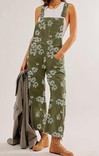 loveimgs Women Floral Print Denim Overalls Baggy Barrel Jeans Patchwork Denim Pants Y2k Straps Wide Leg Jumpsuit One Piece thumbnail 6
