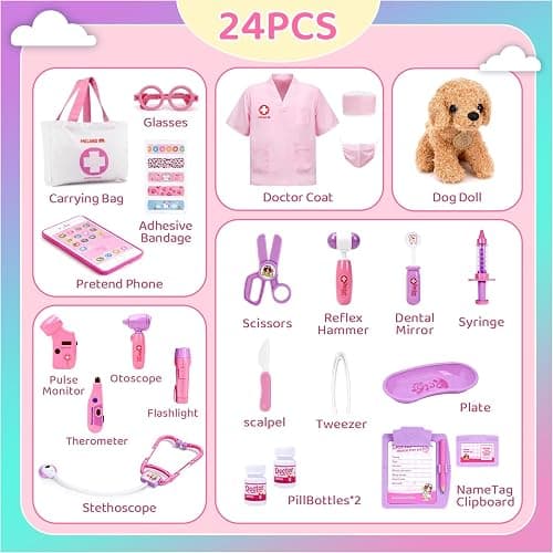 Meland Toy Doctor Kit for Girls, Pretend Play Toy Doctor Set with Dog , Carrying Bag, Stethoscope & Dress Up Costume Gift for Kids Toddlers Ages 3 4 5 6 Year Old for Role Play thumbnail 4