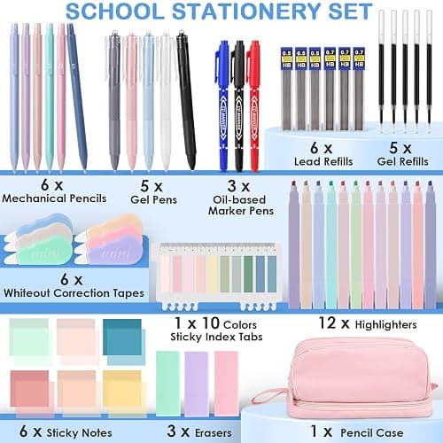 54 PCS Aesthetic School Supplies, Stationery Essentials Set with Large Pen Case, Mechanical Pencils & Black Ink Gel Pens with Refills, Markers, Erasers, Highlighters, Sticky Notes, Correction Tapes thumbnail 8