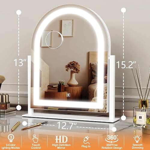 Gvnkvn Lighted Makeup Mirror, Hollywood Vanity Mirror with Lights, Three Color Lighting Modes, and Detachable 10X Magnification Mirror, Smart Touch Control, 360°Rotation (15.2in White) thumbnail 3