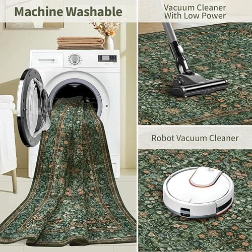 Rugxara 5x7 Area Rugs for Living Room Bedroom, Large Washable Rug, Green Vintage Floral Boho Rug, Non Slip & Low Pile Faux Wool Thin Carpet for Indoor Dining Room and Kids Room(Green 5x7ft) thumbnail 7