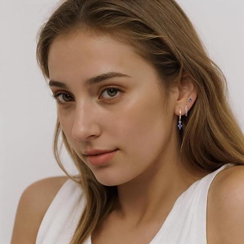 Angelady Gold Hoop Earrings Set for Women, Dainty 14K Gold Plated Huggies Earring, Sterling Silver Hypoallergenic Cartilage Earrings, Trendy Earring Stacks for Multiple Piercing Jewelry Gift(3 Pairs) - Gold,Blue CZ thumbnail 2