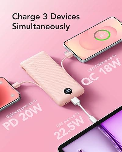 VRURC 22.5W Portable Charger 10000mAh Fast Charging with Built-in AC Plug | powe bank battery pack, travel essentials for women,USB C cable, Ultra Slim,pocket size Pink thumbnail 6
