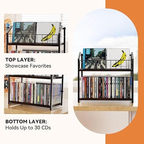PAPAGIFTREE 2-Tier CD Holder, CD Storage Shelf for Display, CD Organizer with Dispay Top Shelf, Premium CD Rack for Home & Office, Holds Up to 60 Standard, Ideal for Music Enthusiasts (Brown) thumbnail 4