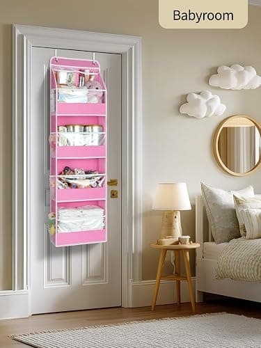 Yecaye 5 Tier Over the Door Organizer, Swing-proof Door Organizer Hanging with Clear PVC Windows, Behind the Door Storage for Bedroom Nursery Closet Laundry Pantry Bathroom, Bubblegum Pink thumbnail 2