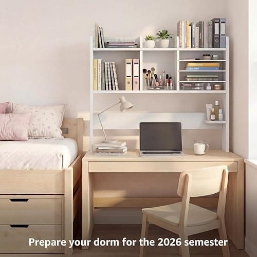NUTIKAS Desktop Bookshelf for Computer Desk - 36" Desk Hutch Organizer with 4-Tier Paper Tray, Tabletop Storage Rack for College Dorm Room Essentials, Home Office Shelving, White thumbnail 2