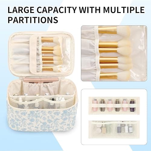 OCHEAL Makeup Bag Portable Cosmetic Bag For Women, Large Capacity Travel Makeup Case Organizer, Toiletry Bag for Girls Traveling With Handle and Divider-Flowers thumbnail 5