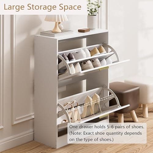 LYNSOM Shoe Cabinet, Free Standing Tipping Bucket Shoe Rack Organizer with 2 Flip Drawers, Modern Entryway Shoe Storage with Top Display, Narrow Slim Hidden Shoe Cabinet (White) thumbnail 5