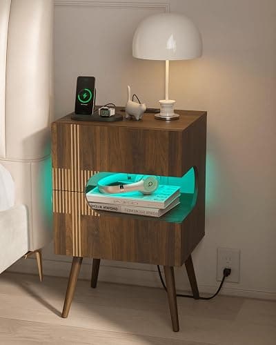 JOONEE Nightstand with Charging Station and LED Lights,Modern Bedside Table with 2 Storage Drawer,Night Stand with Solid Wood Legs,White (Walnut Brown) thumbnail 8