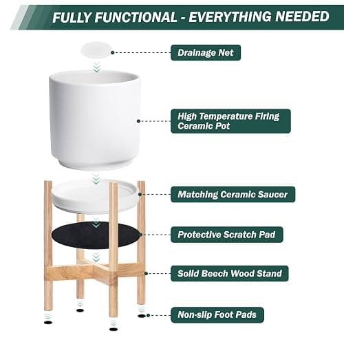 D'vine Dev Ceramic Planter with Natural Stand - 8 Inch Modern Round Flower Pot with Wood Planter Holder, White, 55-B-N-1 thumbnail 5