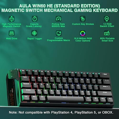 Aula WIN60 HE - 60% Mechanical Gaming Keyboard Wired, Magnetic Switch Hot Swappable, Adjustable Actuation Rapid Trigger Mode, 8000 Hz Polling Rate, RGB Small Keyboard 60 Percent Compact Design for PC thumbnail 2