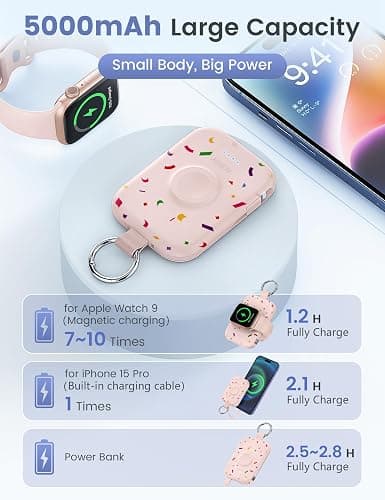 RORRY CharmGo Portable Charger, 5000mAh Portable Charger Power Bank | Built-in Cables,Travel Keychain Battery Pack Essentials for Apple Watch 1~12 Series/Ultra/SE & iPhone 18 Pro Max/17/16/15 thumbnail 3