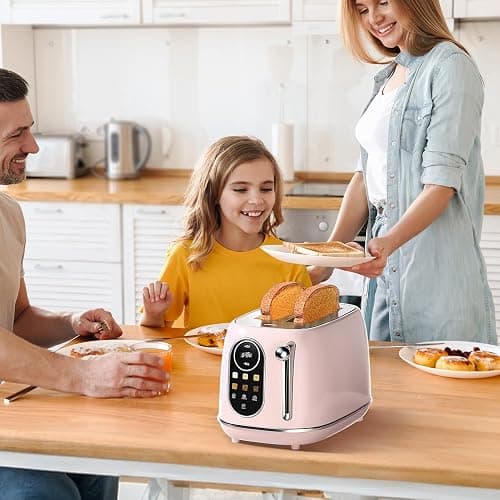 Keenstone Smart Touch Screen Toaster 2 Slice, Retro Wide Slot Stainless Steel Toaster with 6 Browning Levels, Reheat & Defrost, for Bagel, Toast, Bread, Removable Crumb Tray, Pink thumbnail 2