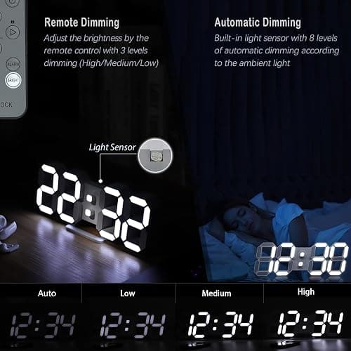 KOSUMOSU 3D LED Digital Wall Clock ,9.7", Large Display Table/ Desk Clock with Remote Control 12/24H Temperature (White Light) thumbnail 6
