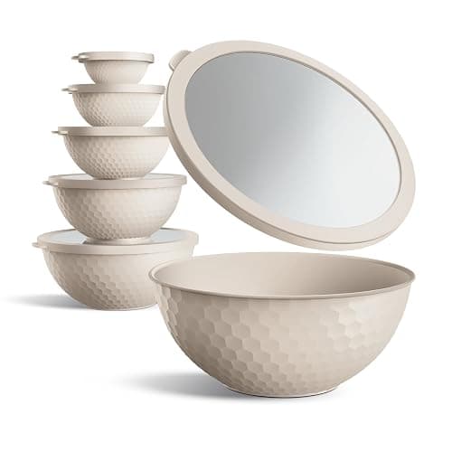 COOK WITH COLOR Mixing Bowls with Lids - 12 Piece Plastic Nesting Bowls Set includes 6 Prep Bowls and 6 Lids, Microwave Safe Mixing Bowl Set, Cream Embossed thumbnail 2