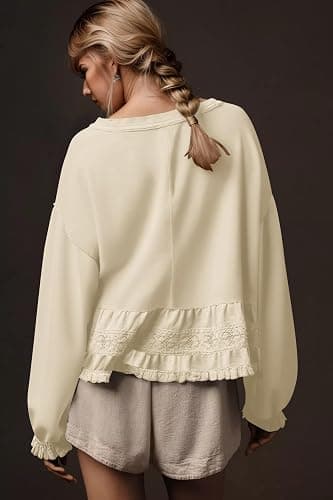 Burtell Crew Neck Crop Oversized Sweatshirts For Women Casual Long Puff Sleeve Babydoll Tops Loose Lace Patchwork Peplum Top thumbnail 2