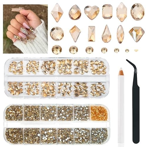 qiipii 4080Pcs Gold Nail Rhinestones, More Quantity 1.5-4mm Mini Flatback K9 Glass Crystal & 3D Multi Shapes Gems, Champagne Gold Gems Round Stones Diamonds jewels Gemstones for Nail Face Eyes Makeup - Image 1