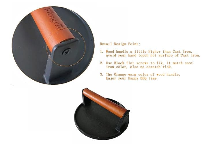 Firsgrill Burger Press 7.08" Round,Heavy-Duty Cast Iron Smash Burger Press Meat Steak With Wood Handle for Blackstone Camp chef Pitboss Weber Griddle Grills(Round) thumbnail 4